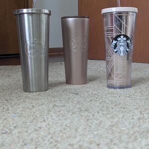Starbucks Silver, Bronze, and Clear Tumbler Trio